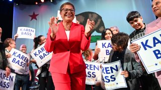 Karen Bass speaks during an election night rally.