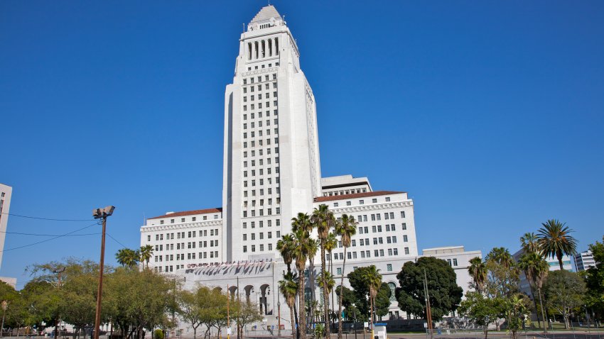 Los Angeles City Hall, completed 1928, center of government of city of Los Angeles, California, USA.  Houses mayor’s office and meeting chambers of Los Angeles City Council.  Located in the Civic Center district of downtown Los Angeles.  Designed by John Parkinson, John C. Austin, and Albert C. Martin, Sr.  From 1928 until 1964, City Hall was the tallest building in Los Angeles, Designated a Los Angeles Historic-Cultural Monument in 1976.