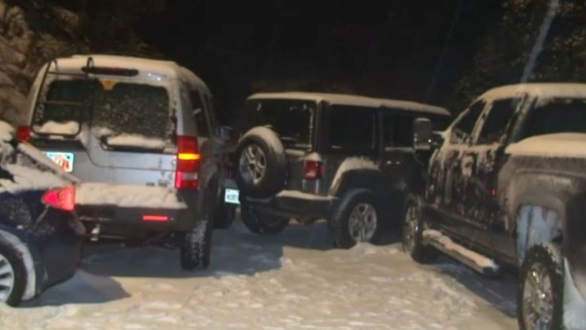 Several drivers are trapped in the snow after multiple crashes in San Bernardino County