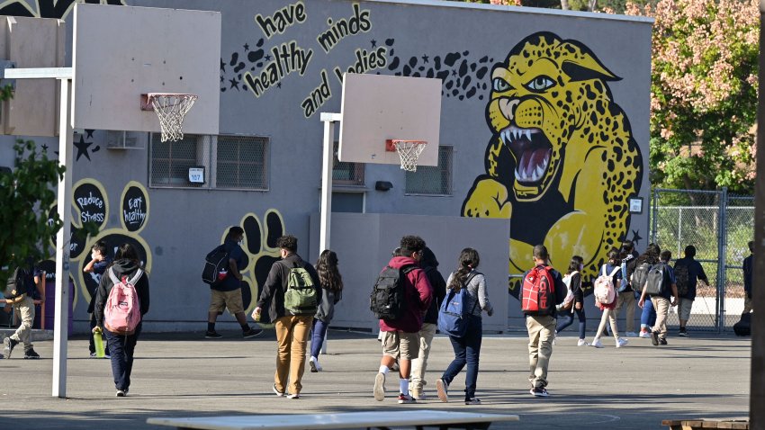 Students walk to their classrooms at a public middle school in Los Angeles.