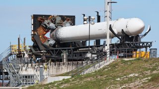 Terran 1 rocket in the Transporter Erector at Launch Complex 16 Cape Canaveral Space Force Station, on Dec. 6, 2022.