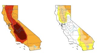 These maps show drought conditions in California on Sept. 27, 2022 and March 14, 2023. Credit: US Drought Monitor