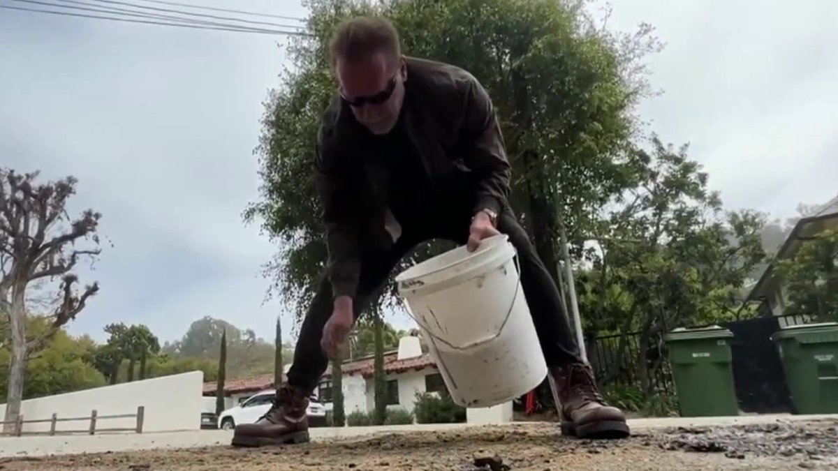 Arnold Schwarzenegger fills ‘giant pothole’ but city says it was service ditch