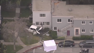 Aerial view of a crash scene near Hancock Park elementary school in the mid-Wilshire area of Los Angeles.