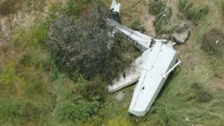 Wreckage from a plane crash Saturday April 29, 2023 in Beverly Crest.