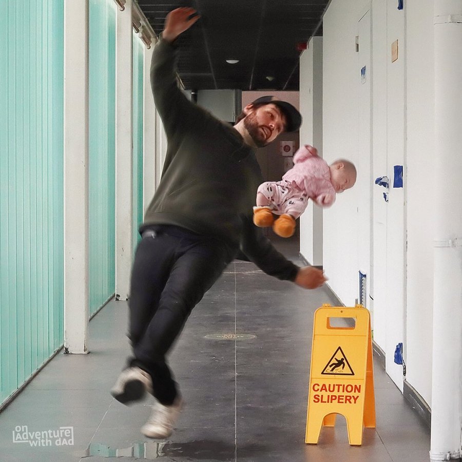 A photoshopped image of Kenny slipping on a wet floor and dropping baby Aster.