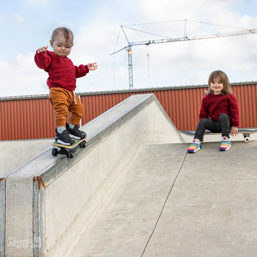 A photoshopped image of Alix and Aster skateboarding down a ramp.