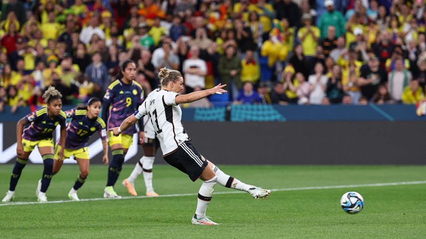 Germany’s forward #11 Alexandra Popp scores her team’s first goal during the Australia and New Zealand 2023 Women’s World Cup Group H football match between Germany and Colombia at Sydney Football Stadium in Sydney on July 30, 2023. (Photo by DAVID GRAY / AFP) (Photo by DAVID GRAY/AFP via Getty Images)