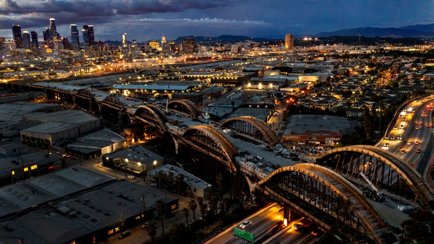 LOS ANGELES, CA – April 15: An aerial view of a dramatic sky over the Los Angeles skyline as progress is underway on the Sixth Street Viaduct Replacement Project that crosses the 101 Freeway and Los Angeles River in Los Angeles.