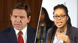 Combinación de fotos del gobernador de Florida, Ron DeSantis, y la fiscal Monique H. Worrell.