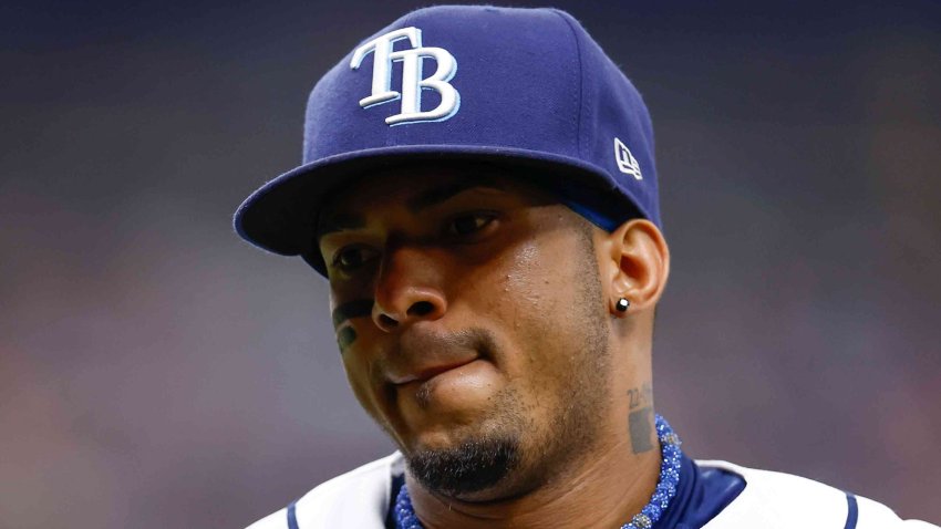 Wander Franco #5 of the Tampa Bay Rays looks on during the fifth inning against the Cleveland Guardians at Tropicana Field on August 12, 2023 in St Petersburg, Florida.