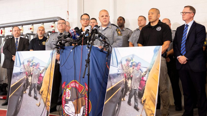 Pennsylvania State Police Lt. Col. George Bivens speaks to the media along with Pennsylvania Governor Josh Shapiro at a press conference held at the Po-Mar-Lin Fire Company after the capture of escaped convict Danelo Cavalcante in Unionville, Pennsylvania, on 13 September, 2023. US police announced the capture of a convicted Brazilian murderer who caught national attention with his daring prison escape and two weeks on the run. (Photo by RYAN COLLERD / AFP) (Photo by RYAN COLLERD/AFP via Getty Images)