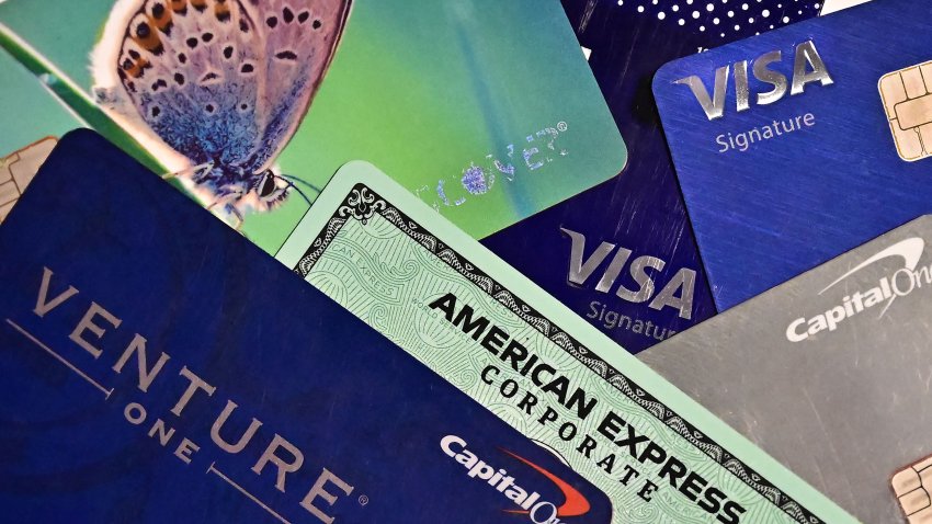 An illustration photo shows a display of credit cards on September 12, 2023 in Los Angeles, California. Credit card debt from US consumers is rising by billions of dollars amid higher inflation and interest rates, topping $1 trillion for the first time in history, according to the Federal Reserve Bank of New York. (Photo by Frederic J. BROWN / AFP) (Photo by FREDERIC J. BROWN/AFP via Getty Images)