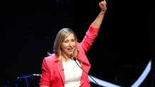 BUENOS AIRES, ARGENTINA - OCTOBER 08: Presidential candidate for Frente de Izquierda Myriam Bregman gestures during the final debate ahead of the presidential elections at Facultad de Derecho of Universidad de Buenos Aires on October 08, 2023 in Buenos Aires, Argentina. Amid rising inflation and a political crisis, Argentinians will go to the polls on October 22 to elect Alberto Fernandez's successor. (Photo by Agustin Marcarian - Pool/Getty Images)