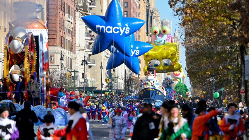 NEW YORK, NEW YORK – NOVEMBER 24: Revelers take part in the 96th-annual Macys Thanksgiving Day Parade on November 24, 2022 in New York City. The annual Macy’s parade includes 16 giant character balloons, 28 floats, and 12 marching bands. Organizers expected more than 2.5 million spectators to come out for it.  (Photo by Alexi J. Rosenfeld/Getty Images)