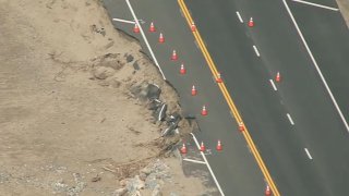 A damaged stretch of Pacific Coast Highway is pictured Feb. 14, 2024.