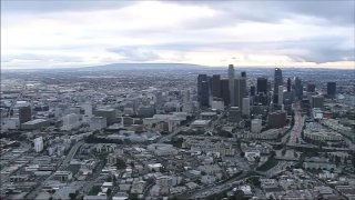 Cloud coverage over the downtown Los Angeles skyline, as seen on Friday, March 1, 2024.