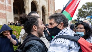 Pro-Palestinian demonstrator and Pro-Israel demonstrator clash with each other