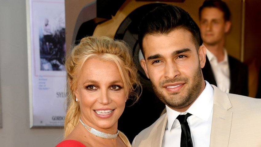 HOLLYWOOD, CALIFORNIA – JULY 22: Britney Spears (L) and Sam Asghari arrive at the premiere of Sony Pictures’ “One Upon A Time…In Hollywood” at the Chinese Theatre on July 22, 2019 in Hollywood, California. (Photo by Kevin Winter/Getty Images)