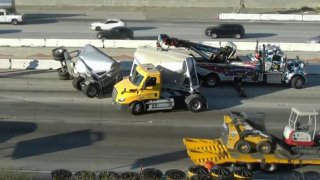 Lanes were blocked early Tuesday June 11, 2024 on the 5 Freeway north of Los Angeles following a big rig crash.