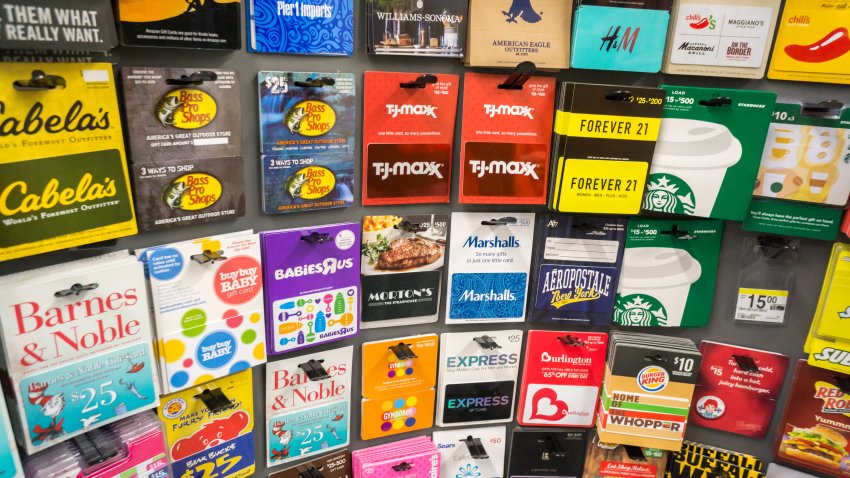 A selection of gift cards in a store