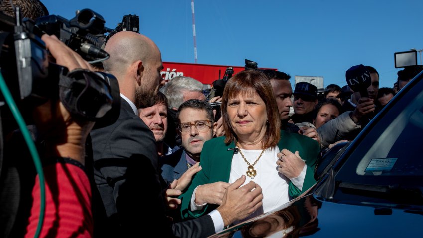 Patricia Bullrich, Argentina’s security minister, center, during a nationwide strike organized by the CGT, one of Argentina’s oldest and most powerful union groups, in Buenos Aires, Argentina, on Thursday, May 9, 2024. Argentina’s largest labor unions are expected to suspend most, if not all, forms of public transport in protest of Milei’s austerity, the second major strike since he took office and part of a growing wave of sector-by-sector protest. Photographer: Patricia Monteiro/Bloomberg via Getty Images