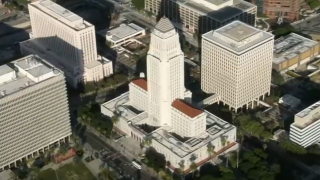 An aerial view of Los Angeles City Hall.