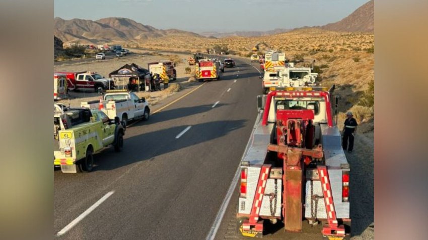 The northbound lanes of the 15 Freeway between Baker and Barstow remain closed Saturday, July 27, 2024 after a semi-truck carrying lithium-ion batteries overturned on the road.