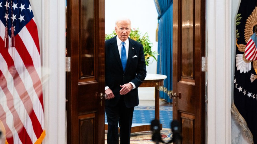 WASHINGTON, DC  July 1, 2024:
US President Joe Biden enters to deliver remarks regarding the SCOTUS decision in the Cross Hall of the White House on Monday July 1, 2024.
(Photo by Demetrius Freeman/The Washington Post via Getty Images)