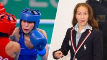 Collage: (left) Jennifer Lozano of United States during the Women's 50kg Finals in 2023 Pan Am Games on October 27, in Santiago, Chile. (right) Jennifer Lozano tries on clothes at the Team USA Welcome Experience Ahead of Paris 2024 on July 22, 2024 in Paris, France.