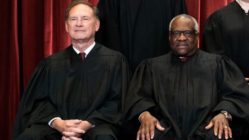 WASHINGTON, DC – APRIL 23: Members of the Supreme Court pose for a group photo at the Supreme Court in Washington, DC on April 23, 2021. Seated from left: Associate Justice Samuel Alito, Associate Justice Clarence Thomas, Chief Justice John Roberts, Associate Justice Stephen Breyer and Associate Justice Sonia Sotomayor, Standing from left: Associate Justice Brett Kavanaugh, Associate Justice Elena Kagan, Associate Justice Neil Gorsuch and Associate Justice Amy Coney Barrett. (Photo by Erin Schaff-Pool/Getty Images)