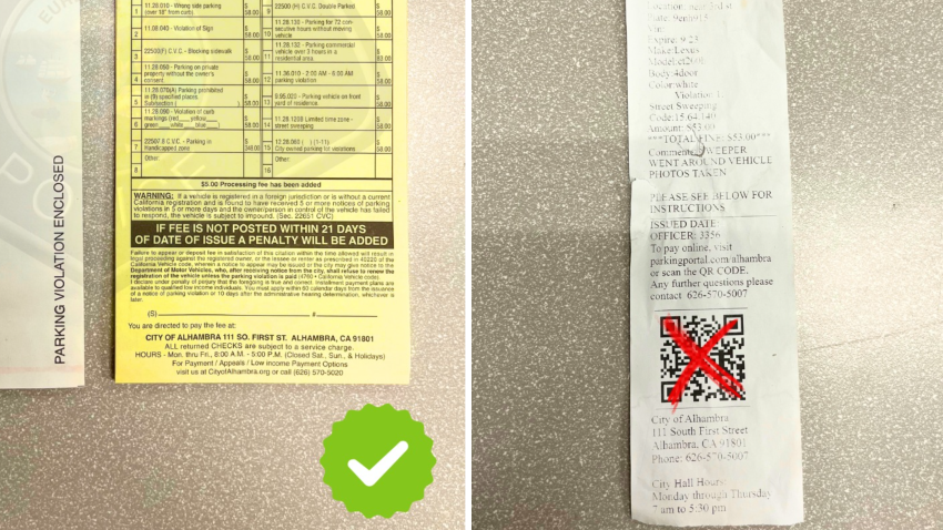 The Alhambra Police Department is warning residents of scam parking tickets (pictured here on the right).