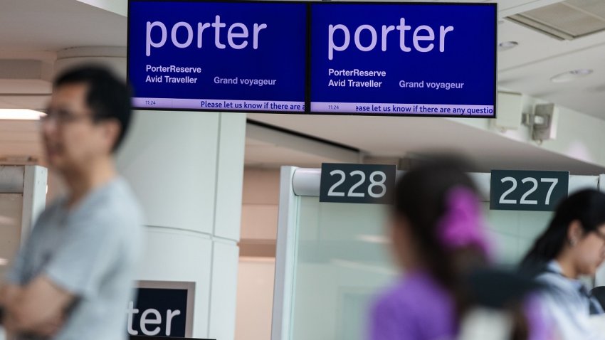 Toronto, ON – July 19: Hundreds of travellers flying with Porter Airlines wait to learn if their flights will be delayed or cancelled as an issue affecting Microsoft 365 apps and services causes havoc across the globe. PD Nick Lachance/Toronto Star Nick Lachance/Toronto Star        (Nick Lachance/Toronto Star via Getty Images)