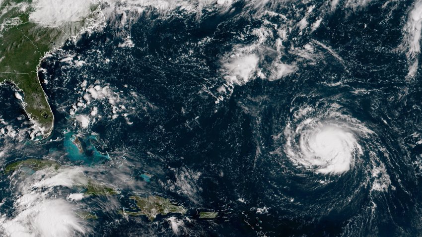 In this NOAA satellite handout image, shows Hurricane Florence as it travels west and gains strength in the Atlantic Ocean southeast of Bermuda on September 10, 2018.