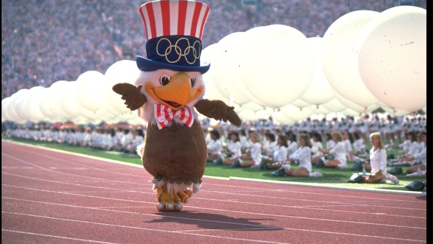 28 JUL 1984:  SAM THE EAGLE THE MASCOT OF THE 1984 LOS ANGELES OLYMPICS MARCHES AROUND THE STADIUM DURING THE OPENING CEREMONY.