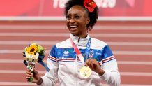 TOKYO, JAPAN - AUGUST 2: Gold Medalist Jasmine Camacho-Quinn of Puerto Rico during the medal ceremony of the Women's 100m Hurdles on day ten of the athletics events of the Tokyo 2020 Olympic Games at Olympic Stadium on August 2, 2021 in Tokyo, Japan. (Photo by Jean Catuffe/Getty Images)