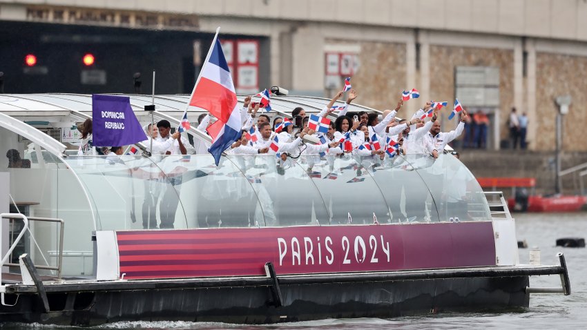 PARIS, FRANCE – JULY 26: Members of Team Dominican Republic are seen on a boat on the River Seine during the opening ceremony of the Olympic Games Paris 2024 on July 26, 2024 in Paris, France. (Photo by Maja Hitij/Getty Images)