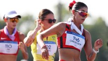 PARIS, FRANCE - AUGUST 01: Kimberly Garcia Leon of Team Peru  competes during the Women’s 20km Race Walk on day six of the Olympic Games Paris 2024 at Trocadero on August 01, 2024 in Paris, France. (Photo by Christian Petersen/Getty Images)