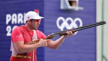 CHATEAUROUX, FRANCE - AUGUST 01: Nicolas Pacheco Espinosa of Team Peru trains during the Men's Skeet Pre-Event on day six of the Olympic Games Paris 2024 at Chateauroux Shooting Centre on August 01, 2024 in Chateauroux, France. (Photo by Charles McQuillan/Getty Images)