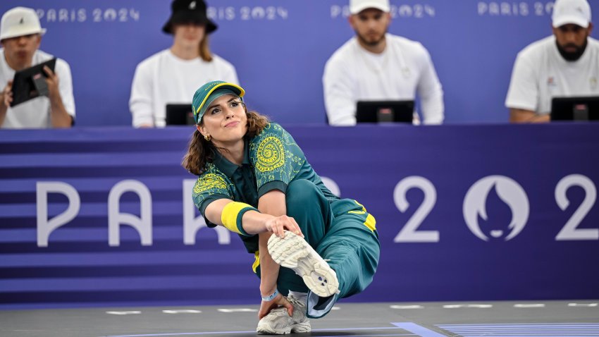 Raygun competes during the Breaking B-Girls Round Robin Group B battle between Logistx and Raygun on Day 14 of the Olympic Games Paris 2024 at La Concorde on August 9, 2024 in Paris, France.