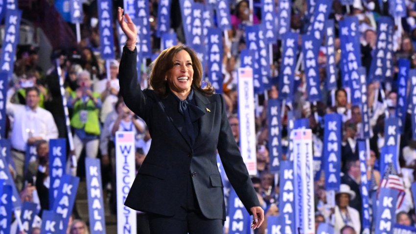 TOPSHOT – US Vice President and 2024 Democratic presidential candidate Kamala Harris waves as she arrives to speak on the fourth and last day of the Democratic National Convention (DNC) at the United Center in Chicago, Illinois, on August 22, 2024. Vice President Kamala Harris formally accepted the party’s nomination for president today at the DNC which ran from August 19-22 in Chicago. (Photo by Robyn Beck / AFP) (Photo by ROBYN BECK/AFP via Getty Images)