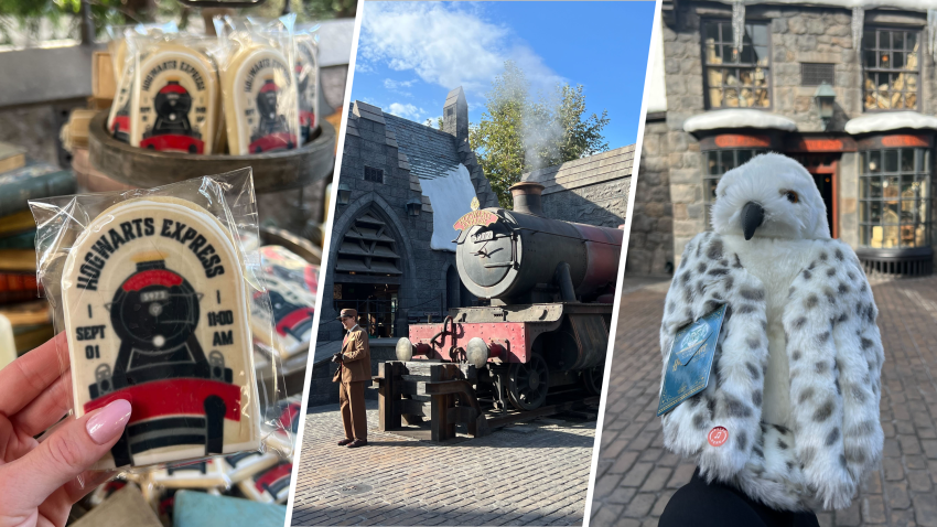 A Hogwarts Express-themed iced biscuit, the Hogwarts Express and a Hedwig owl plush at “The Wizarding World of Harry Potter” at Universal Studios Hollywood.