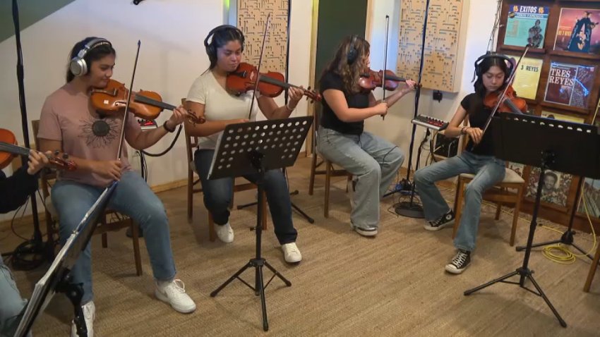 Young musicians from Downey record traditional Mexican folk music at Decibel Studios Los Angeles on Tuesday, Aug. 13, 2024.