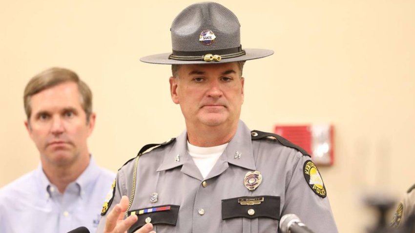 Col. Phillip Burnett Jr., commissioner, Kentucky State Police, provides updates during a press conference held at the London Community Center, on day 11 of the search for mass shooter, 32-year-old Joseph Couch, on Tuesday, Sept. 17, 2024, in London, Kentucky. (Tasha Poullard/Lexington Herald-Leader/Tribune News Service via Getty Images)