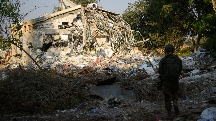 BE’ERI, ISRAEL – OCTOBER 14: A home destroyed during the attack by Hamas is seen within Kibbutz Be’eri on October 14, 2023 in Be’eri, Israel. Over 110 residents of the small community were killed during the attack on October 7, 2023. Israel has sealed off Gaza and launched sustained retaliatory air strikes, which have killed at least 1,400 people with more than 400,000 displaced, after a large-scale attack by Hamas. On October 7, the Palestinian militant group Hamas launched a surprise attack on Israel from Gaza by land, sea, and air, killing over 1,300 people and wounding around 2,800. Israeli soldiers and civilians have also been taken hostage by Hamas and moved into Gaza. The attack prompted a declaration of war by Israeli Prime Minister Benjamin Netanyahu and the announcement of an emergency wartime government. (Photo by Leon Neal/Getty Images)