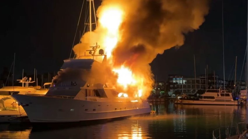 A yacht burns Wednesday Sept. 18, 2024 in Marina del Rey.