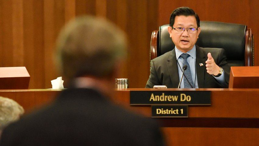 SANTA ANA, CA – OCTOBER 17: Orange County Supervisor Andrew Do drills the county’s chief real estate officer, Scott Mayer, about why they chose to recommend Dana Point Harbor Partners to rebuild Dana Point Harbor during a Board of Supervisors meeting in Santa Ana, California, on Tuesday, October 17, 2017. (Photo by Jeff Gritchen/Digital First Media/Orange County Register via Getty Images)