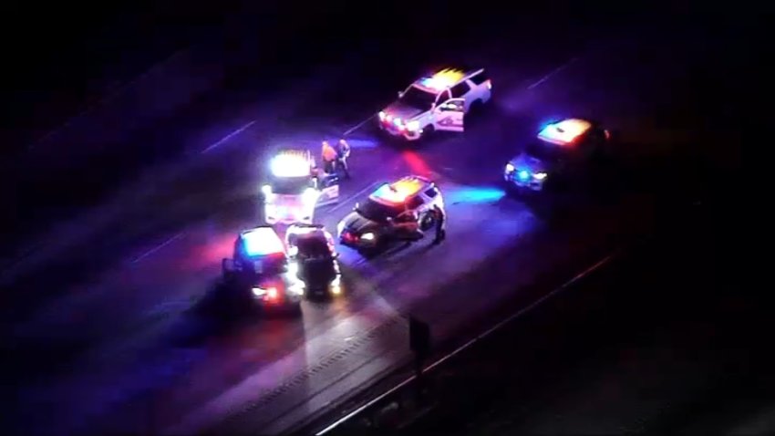 A car chase comes to an end on the northbound 15 Freeway in Lake Arrowhead on Monday, Oct. 14, 2024.