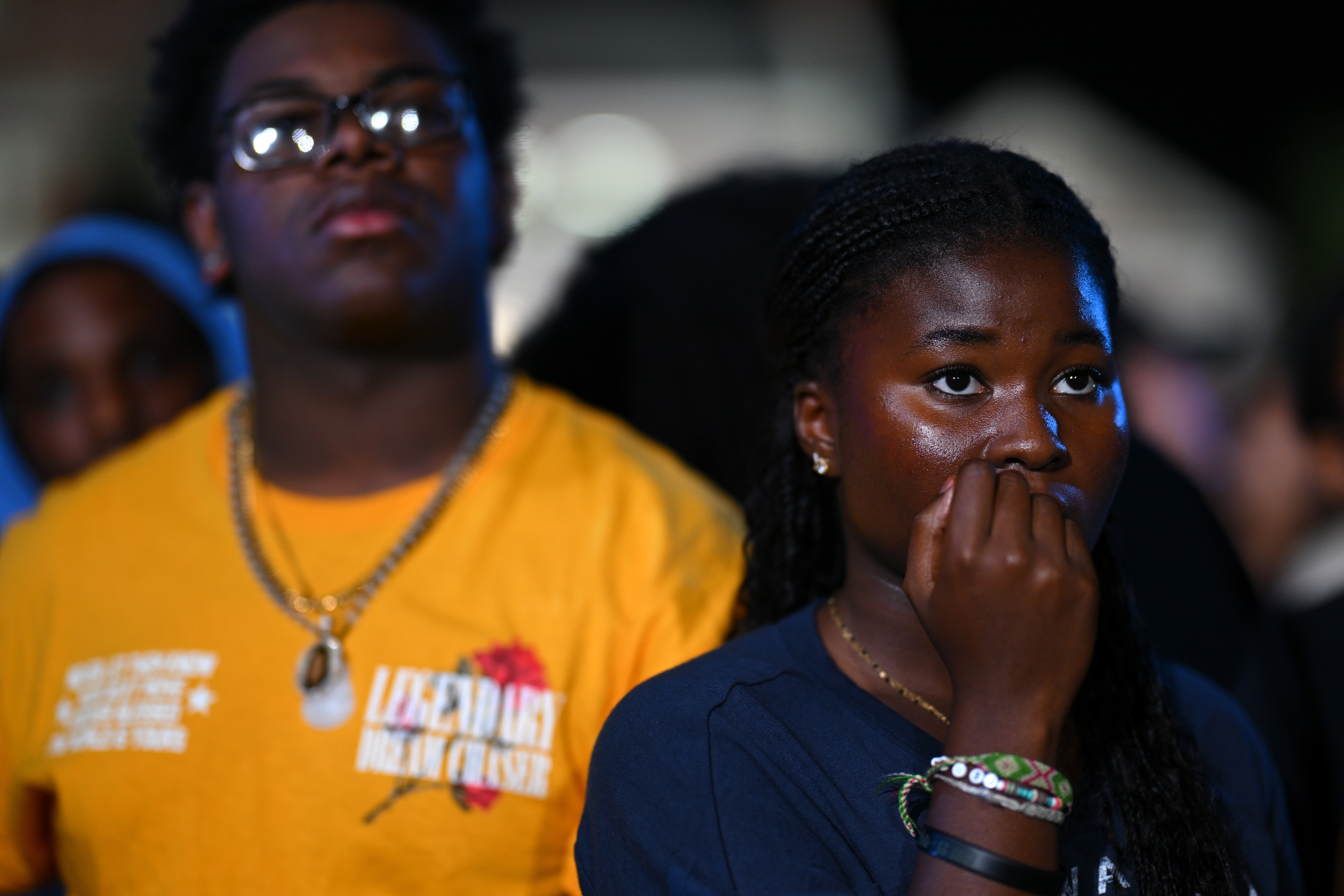 WASHINGTON, DC – NOVEMBER 05:  Supporters watch results come in during an election night watch party for Democratic presidential nominee, U.S. Vice President Kamala Harris at Howard University on November 05, 2024 in Washington, DC. Americans cast their ballots today in the presidential race between Republican nominee former President Donald Trump and Vice President Kamala Harris, as well as multiple state elections that will determine the balance of power in Congress.   (Photo by Brandon Bell/Getty Images)