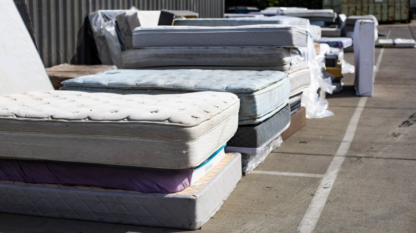 Recycled mattresses stacked at the City’s 24/7 mattress drop-off site, located at 970 W. Chester Pl.